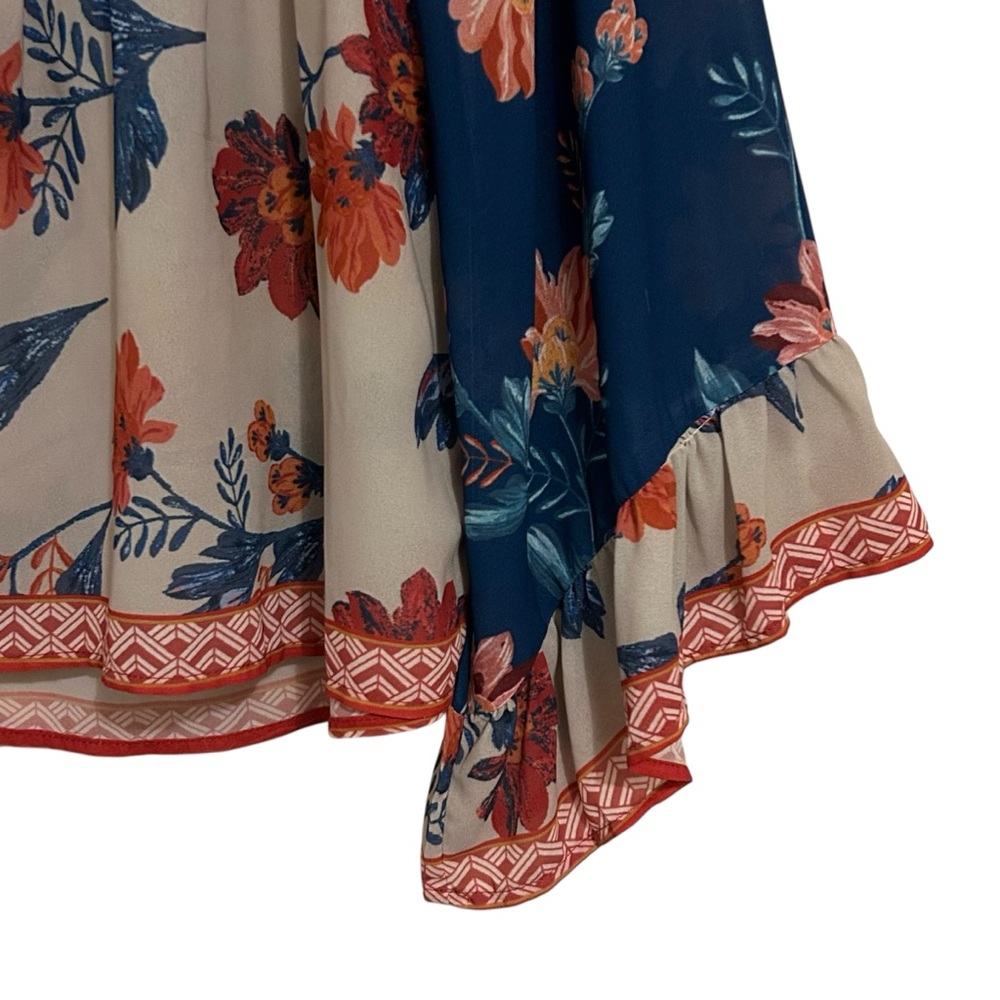 •CCO SALE• FLYING TOMATO Boho Floral Print Colorblock Bell Sleeve Lace Up Top L - Picture 5 of 13